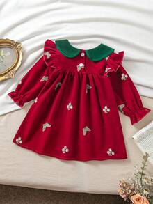 1pc Baby Girl Velvet Peter Pan Collar Embroidered Vintage Royal Style A-Line Dress - Red - View 2