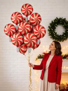 10pcs 10-Inch Christmas Windmill Round Balloons, Christmas Party Decoration Balloons, Holiday Photo Props, Indoor Room Decor, Christmas Decoration Balloons - Red - View 1