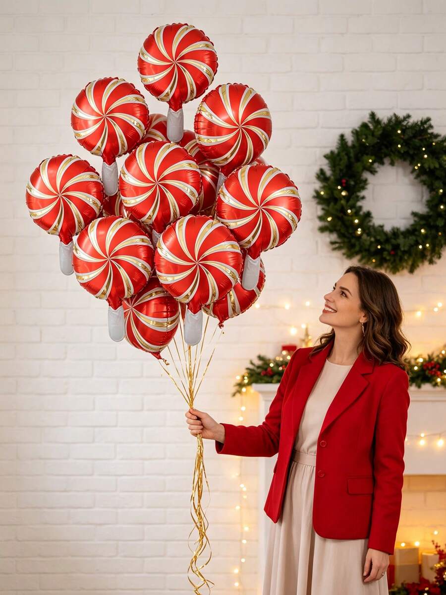 10pcs 10-Inch Christmas Windmill Round Balloons, Christmas Party Decoration Balloons, Holiday Photo Props, Indoor Room Decor, Christmas Decoration Balloons - Red - View 1