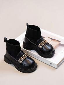 1 Pair Girls Baby Toddler Metal Buckle Decor Knitted Collar Comfortable Flat Elastic Boots, Suitable For Daily Wear In Autumn/Winter - Black - View 5