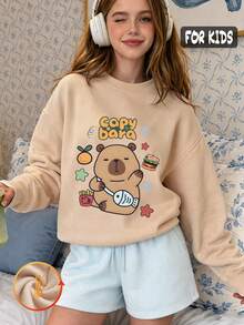Autumn Girls Crew Neck Long Sleeve Sweatshirt With Cute Cartoon Bear Print Featuring Capybara, Orange, Burger, Fries And Fish Bone Decoration - Apricot - View 1