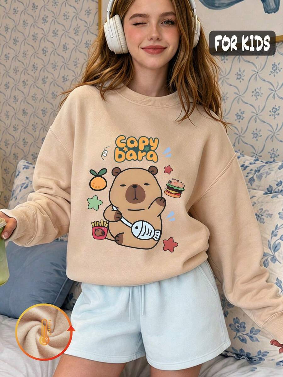 Autumn Girls Crew Neck Long Sleeve Sweatshirt With Cute Cartoon Bear Print Featuring Capybara, Orange, Burger, Fries And Fish Bone Decoration - Apricot - View 1
