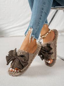 Women's Home Slippers Bow Knot Fashion Fabric Patchwork Casual One-Strap Indoor Autumn Winter Cotton Slippers - Khaki - View 9