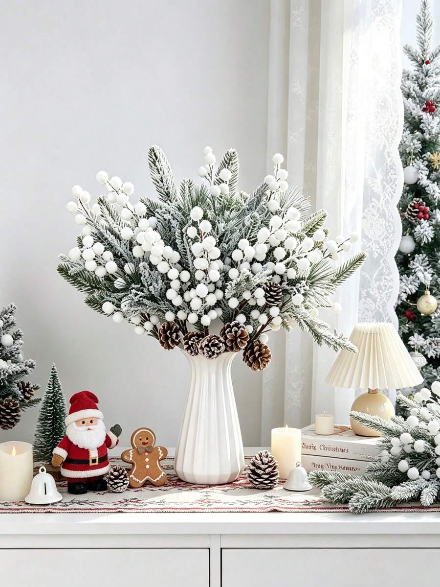 1/3pcs Artificial Red Berry Pine Branches, Faux Plants, Suitable For Christmas Decoration, Christmas Home Decor, Wedding Decoration, Table Centerpiece, Back To School Season, Gifts For Girls - White - View 1