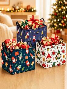 1PCFestive Christmas Style Square Storage Basket With Gnome Xmas Print& Reinforced Handle Detail,Foldable For Space‑Saving Organization,Household Sundries Storage Bin,Desktop Organizer Container,Suitable For Christmas Winter Bedroom Home Use - Multicolor - View 11