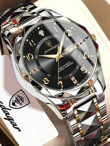 POEDAGAR 1pc Men's Stainless Steel Business Date Waterproof Luminous Quartz Watch, Round Dial Arabic Numeral Scale Man Watch, Suitable For Work Occasion - Black - View 12
