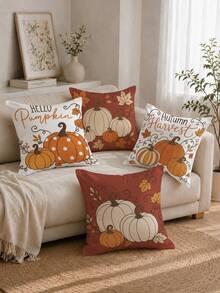 Autumn Vintage Brown Pumpkin Pattern Cushion Cover 4-Piece Set, Single-Sided Printed Peach Skin Polyester Fabric, 45*45CM Throw Pillow Covers For Modern Fabric Sofa Indoor Decor, Party Decoration, Gift Giving - Multicolor - View 5
