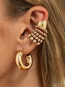 Retro Geometric Metal Smooth Surface C-Shaped Stud Earrings, Fashionable CCB Round Bead Ear Bar Clasp Set - Earrings Set - View 8