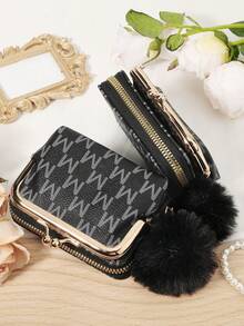 With A Pom-Pom Charm, New Letter Printed Card Bag Can Be Split And Used As A Multifunctional Large Capacity Storage Bag - Black - View 8