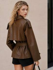 Women's Brown PU Leather Trench Coat With Belt And Double Buttons, Lapel Design, Suitable For Autumn Fashion Wear - Coffee Brown - View 6