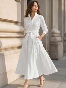 Vuslat Women's Autumn Solid Color Small Stand Collar Long Sleeve Hidden Button Waist Tie Pocket Knee-Length Shirt Dress, Commuter Wear - White - View 6