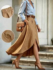 Rok Panjang Asimetris Elegan Wanita dengan Kancing Depan & Saku, Kain Tenun Kasual Gaya Boho Musim Gugur - Khaki - View 2