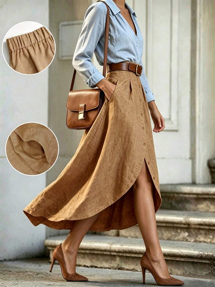 Rok Panjang Asimetris Elegan Wanita dengan Kancing Depan & Saku, Kain Tenun Kasual Gaya Boho Musim Gugur