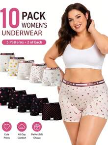 10pcs High Waist Plus Size Women's Panties, Comfortable & Fashionable Design, Solid Color & Printed Pattern, Non-Slip Fit - Multicolor - View 1