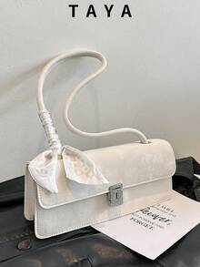 Fashionable Underarm Bag, Silk Scarf Decor, Metal Buckle Closure, Flip-Top Design, Lightweight Solid Color Shoulder Bag, Suitable For Women's Daily Use - White - View 2