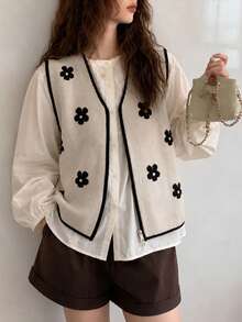 Cardigan/Rompi Wanita Kasual Musim Gugur/Dingin Motif Bunga Minimalis Kerah V - Krem - View 3