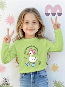 Girls Cotton Raglan Long Sleeve Tee, Fall Winter Top With Cute Cartoon Duck Print, Sweet Preppy Style - Fruit Green - View 2