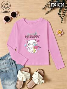 Girls Cotton Raglan Long Sleeve Tee For Fall Winter, Cute Cartoon Cat Holding Ice Cream Print With Heart Decor, Sweet Preppy School Style - Light Wine Red - View 3