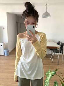 拼接撞色落肩袖透視修身長袖上衣休閒風 - 乳黃色 - 查看 5