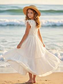 Vestido largo de niña preadolescente con parches de encaje floral calado - Blanco - Ver 4