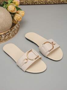 Women's Comfortable Soft Sole Sandals With D-Shaped Metal Buckle Decor, Solid Color Minimalist Round Toe Single Strap Flat Sandals, Korean Style Casual Summer Beige Slippers - Beige - View 6