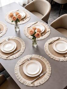 12pcs Natural Jute Tassel Placemats, Rustic Style Round Vase Mats, Washable, Easy To Clean, Wipeable, Non-Slip, Heat Resistant, Suitable For Room Decor, Dining Table Decor, Home Decor, Party Decor, Suitable For Holidays, Parties, Gatherings, Birthdays, Weddings, Gifts, Presents, Dinner, Outdoor, Picnic - Multicolor - View 2