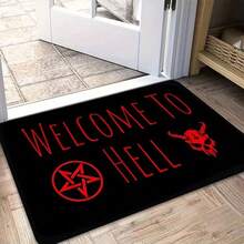 1件裝 暗夜儀式黑色底紅字「Welcome To Hell」手寫主題牛頭與紅星門墊 | 聚酯纖維材質，加厚黏合法蘭絨，0.4英吋厚，580g/Sqm，哥德風美學，適合門廊、入口、車庫 - 紅色 - 查看 5