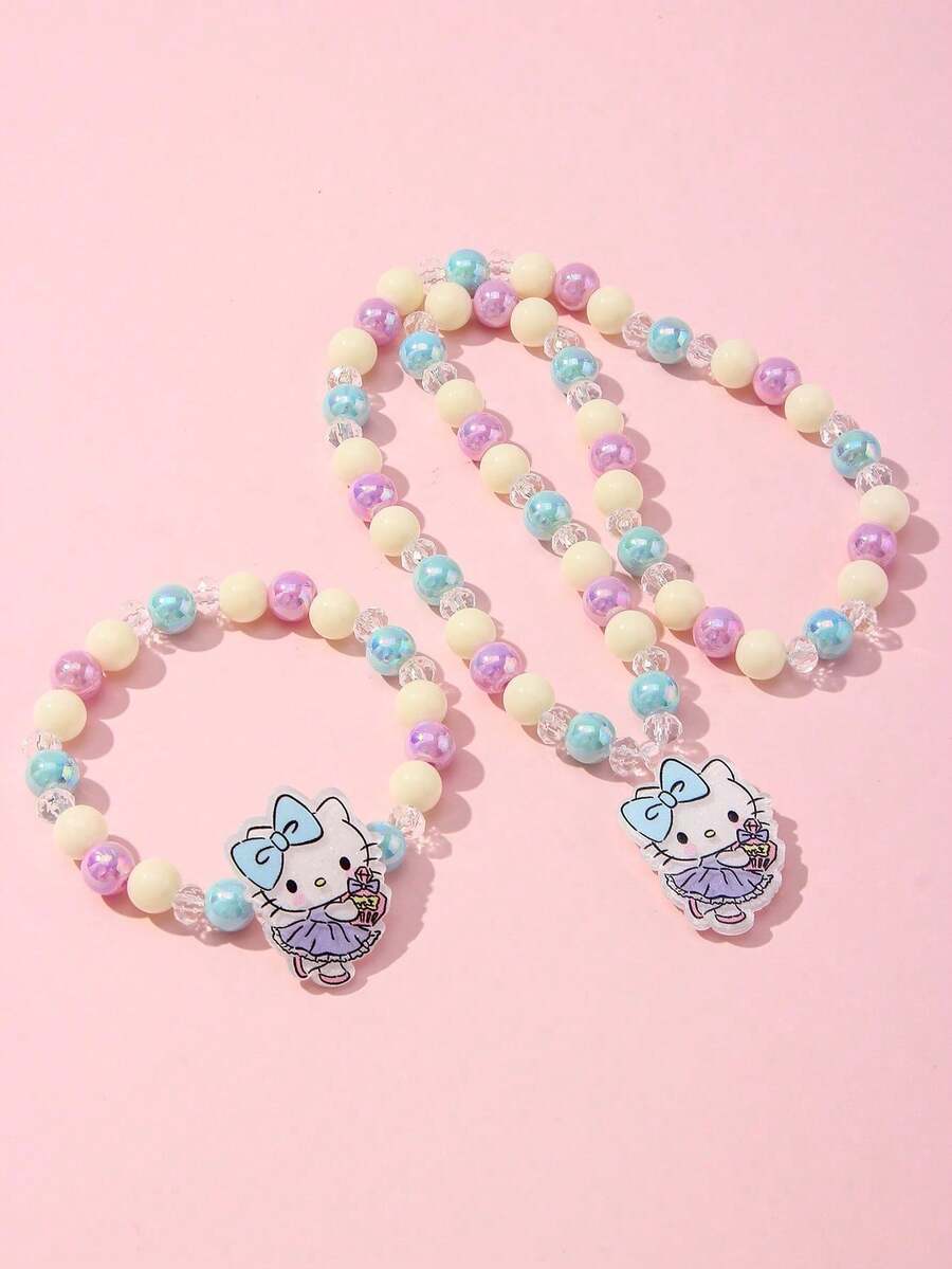 2pcs Sanrio Kids Jewelry Accessories Cute Kitty Pendant Beaded Bracelet Necklace Set, Suitable For Holiday Parties, Campus Birthday Gifts For Girls - Multicolor - View 1