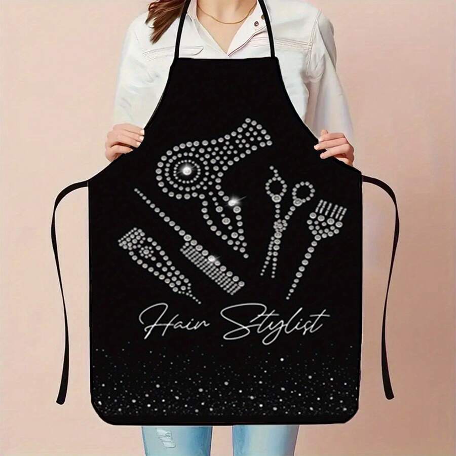 Glam Bling 美髮師藝術印花圍裙 1 件裝，優雅閃亮效果美髮工具圖案圍裙，適用於沙龍工作、居家家務與送禮