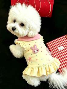 1pc Pet Dog Clothes Spring/Autumn Sweet Cute Flutter Sleeve Princess Dress For Teddy Bichon Pomeranian Small/Medium Dogs, Dog Flutter Sleeve Lace Princess Dress For Teddy Bichon Small Dogs, Stylish 3D Cute Rabbit Dress - Yellow - View 7