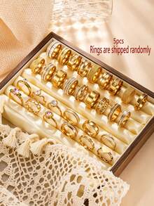 Koleksi Cincin Acak Berlapis Emas 18K Stainless Steel 5/10/15/20/25/30pcs, Cincin Jari Telunjuk Desain Lebar dengan Hiasan Berlian Imitasi Bentuk Hati, Huruf Romawi, dan Bentuk Oval dengan Desain Tetesan Air Matte yang Modis dan Indah, Cocok untuk Pemakaian Sehari-hari dan Hadiah Liburan Unisex - Emas - View 23