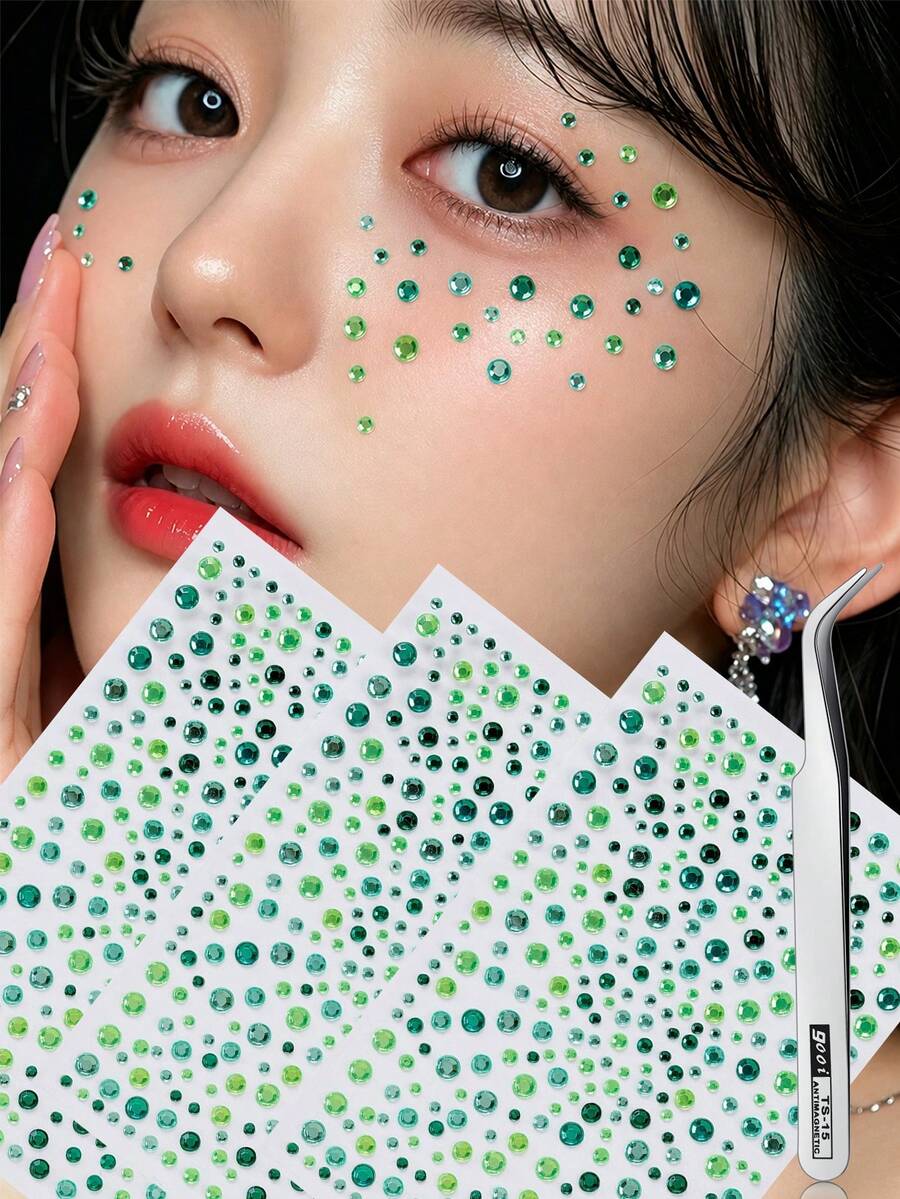1/3/5/7pcs Green Self-Adhesive Face Gem Stickers, Suitable For Face And Body, Perfect For Christmas, Party, Festival, Y2K Style, Concert Looks, Face Jewels - Multicolor - View 1