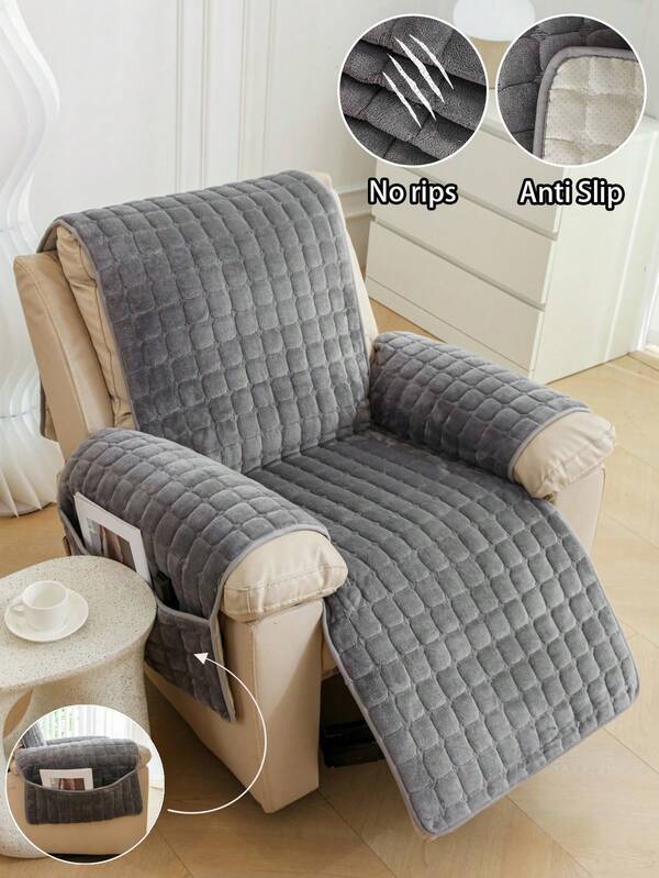 1pc Flannel Solid Color Plaid Quilted Functional Recliner Sofa Cushion, Single Manual Reclining Armchair, Slouchy Sofa Protector Cover With Storage Bag, Non-Slip Anti-Cat Scratch Pet Friendly, Wear-Resistant Durable Sofa Cover, All-Season Universal Sofa Slipcover, Machine Washable Pet Home Anti-Dirt Anti-Dust Split Backrest Armrest Integrated Sofa Protective Pad, Sofa Cover, Couch Cover