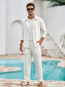 Mercer Haus Men's Minimalist Premium Embossed Texture Long Sleeve Shirt & Loose Casual Lapel Collar Straight Leg Pants 2 Pieces Set - White - View 1