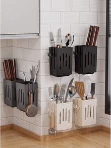 Wall-Mounted Kitchen Utensil Storage Rack, No-Drill Adhesive Chopstick Holder With Side Hooks, Hanging Cutlery Storage Container, Suitable For Kitchen Countertop And Wall, Wall-Mounted Silverware Storage Rack, Kitchen Wall Storage Basket, Ventilated Utensil Rack - Multicolor - View 1