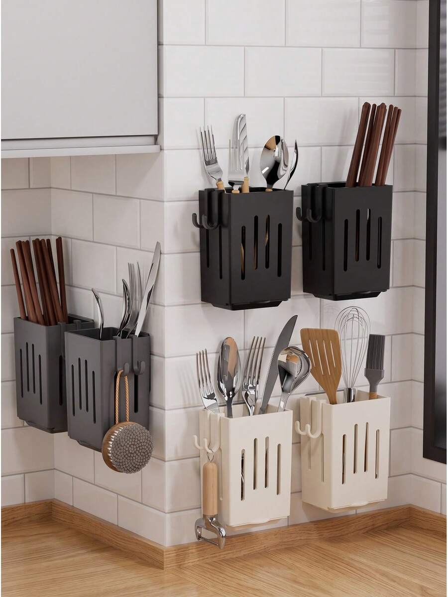 Wall-Mounted Kitchen Utensil Storage Rack, No-Drill Adhesive Chopstick Holder With Side Hooks, Hanging Cutlery Storage Container, Suitable For Kitchen Countertop And Wall, Wall-Mounted Silverware Storage Rack, Kitchen Wall Storage Basket, Ventilated Utensil Rack - Multicolor - View 1