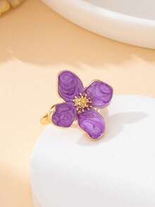 1pc Summer New Vacation Beach Style Elegant Handmade Purple Four-Petal Flower Drip Oil Ring For Women - Purple - View 4