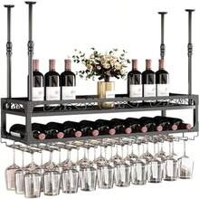 Ceiling Wine Glass Rack Hanging Wine Rack with Glass Holder and 2-Layer Shelf, Height Adjustable Industrial Hanging Wine Bottle Holder for Bar Cafe Ki - Bronce - Ver 1