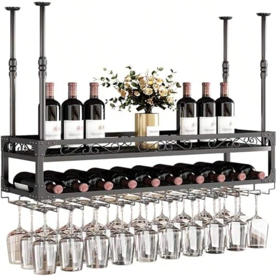 Ceiling Wine Glass Rack Hanging Wine Rack with Glass Holder and 2-Layer Shelf, Height Adjustable Industrial Hanging Wine Bottle Holder for Bar Cafe Ki - Bronce - Ver 1