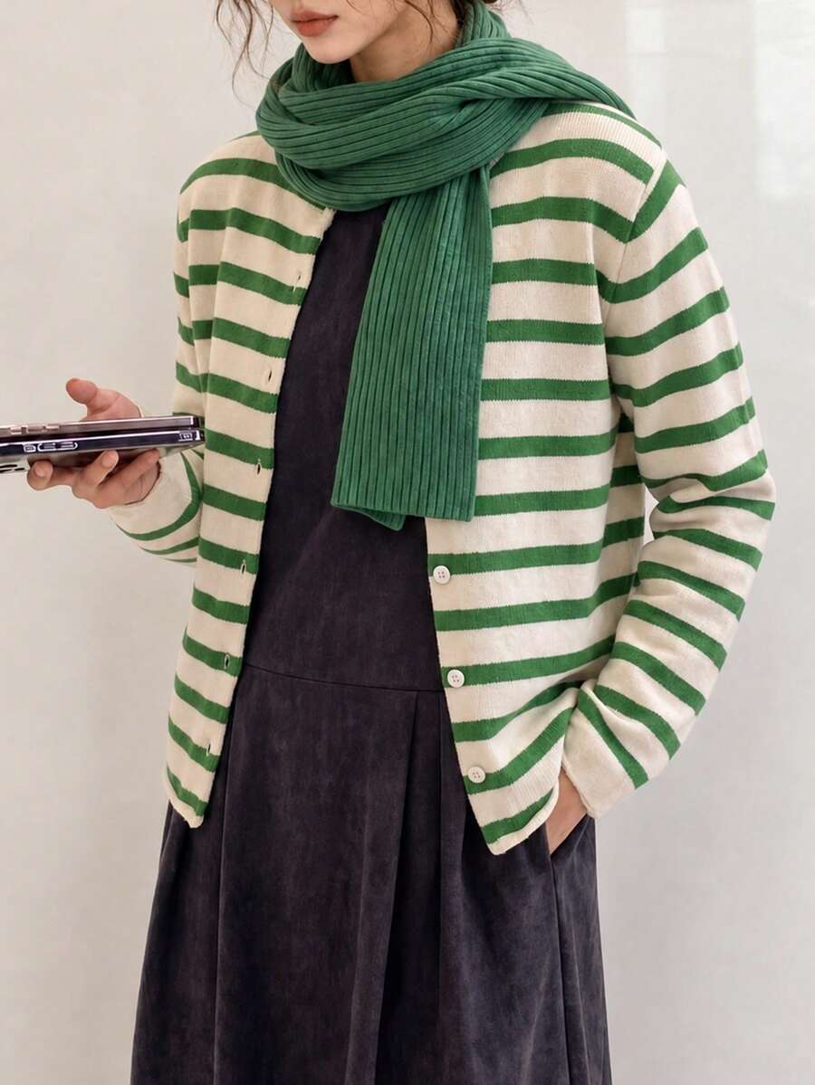 Women's Autumn Casual Minimalist Versatile Striped Cardigan Knit Sweater Jacket - Green - View 1