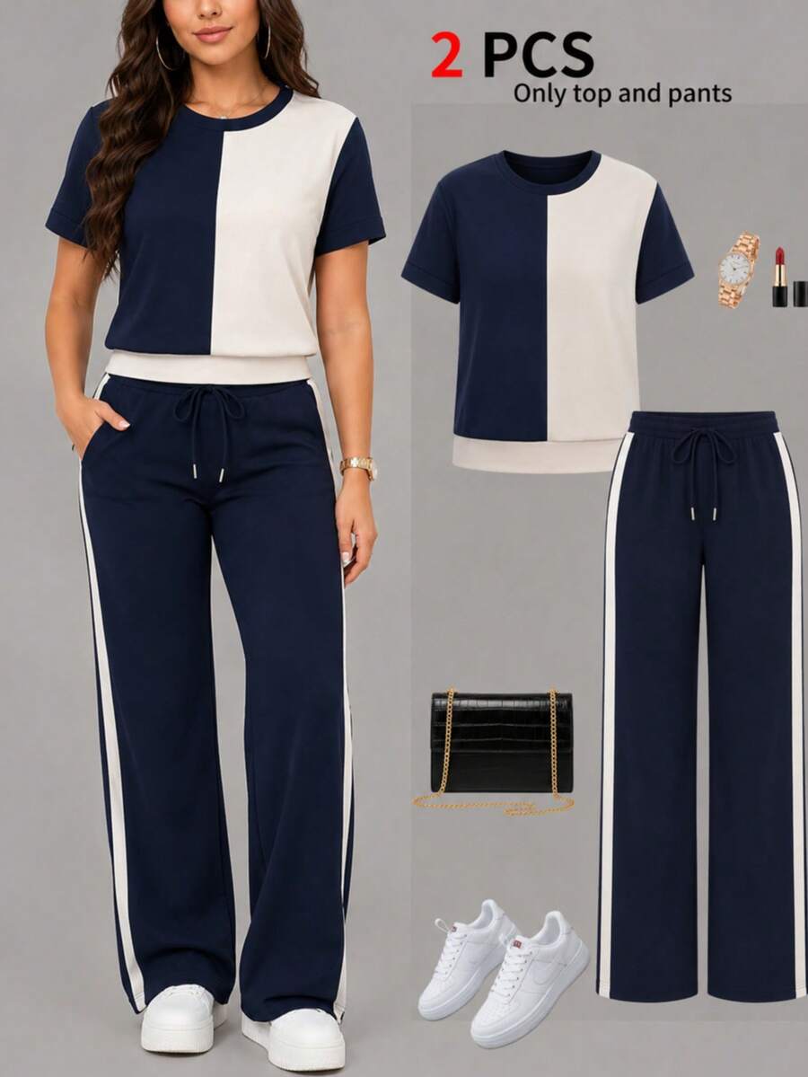Women's Spring Summer Autumn Casual 2-Piece Set, Home Style Colorblock Short Sleeve Top With Solid Color Drawstring Long Pants, Airport Wear Elegant - Navy Blue + Apricot - View 1