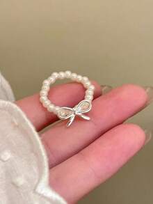 3pcs/Set Minimalist Bow Faux Pearl Elastic Cord Women's Ring Set, Stackable, Perfect For Daily Wear, Party, Holiday, Birthday, Best Gift Choice - Silver - View 3