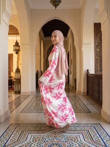 This Arabic Long Dress Has A Dignified Style, Featuring Oversized Floral Print, Round Neckline And Long Sleeves, With A Waist Belt On The Back - White - View 3