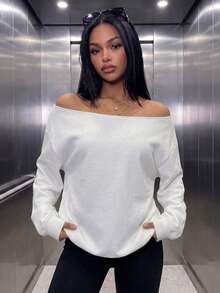 Women's Casual Fleece Cold Shoulder Loose Sweatshirt, Suitable For Autumn/Winter Daily Wear, White Fall - White - View 1