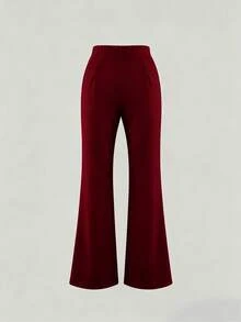 Women's High-Waisted Flare Pants, Front Seam Detail, Stretch Fabric, Suitable For Daily, Formal Occasions And Parties - Burgundy - View 3