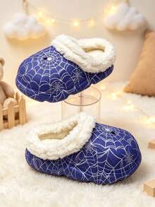 Boy's And Girl's Children's Spider-Web Pattern Fleece Slip-On Slip-On Shoes With Holes. Children's Warm Home Shoes, Suitable For Daily Use At Home. - Blue - View 1