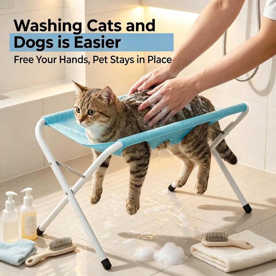 Foldable Pet Grooming Table With Grooming Hammock, Cat And Dog Bathing Rack, Quick-Dry Mesh Nail Trimming And Hair Brushing Stand, Suitable For Small And Medium Pets