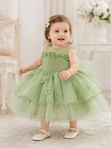 Baby Girl Sweet 3D Floral Decor Tulle Princess Dress Party Flower Girl - Green - View 4