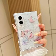 Cute Pink Butterfly Pattern Glitter Transparent Phone Case, Compatible With Samsung Galaxy Z Fold8 Wide Fold8 Back Cover - Pink - View 2