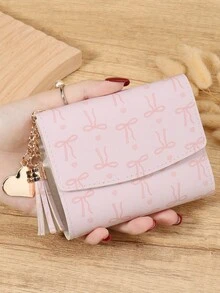 Fashion Bow Printed Women's Short Wallet, Portable Metal Heart-Shaped Tassel Decoration Three Fold Wallet, Suitable For Outdoor And Travel - Pink - View 2
